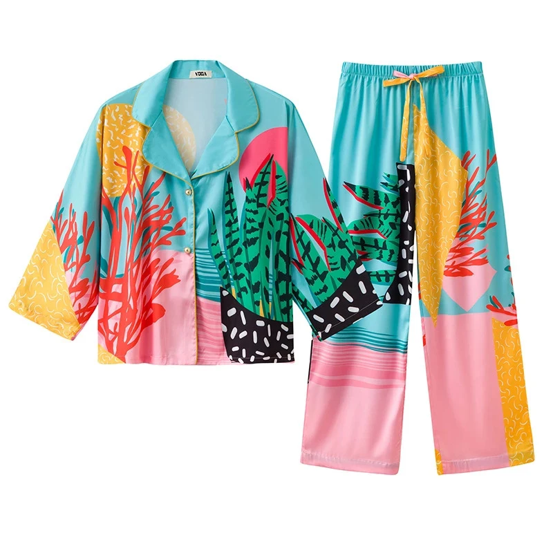 

New Women Pajama Set Hand Drawn Art Tropical Plants Pyjama Set Silk Like Nightwear Shorts Home Wear Clothes Sleepwear Homewear