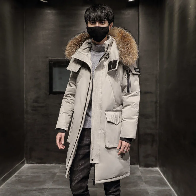 Winter thickened knee-length down jacket for young men's mid-length fashion handsome fur collar goose men's Parker coat