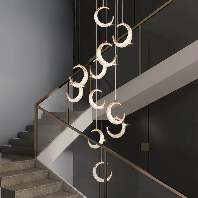 

Creative Design Staircase Chandelier Moon Lights Luxury Hanging Crystal LED Lamps for Lobby Loft Villa Living Room Dining Hall