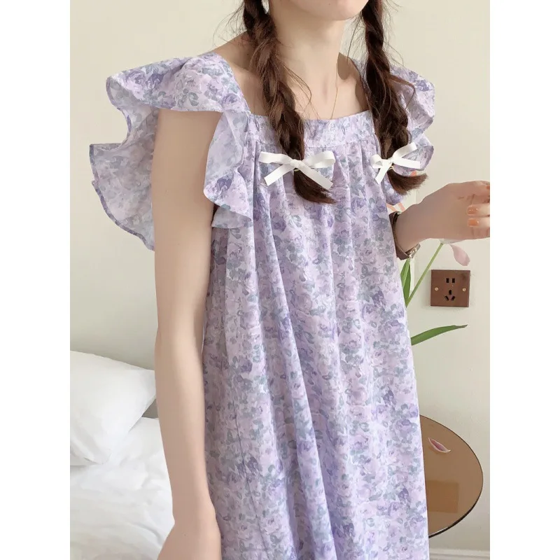 Женская ночная рубашка без рукавов летняя фиолетовая пижама из полиэстера с