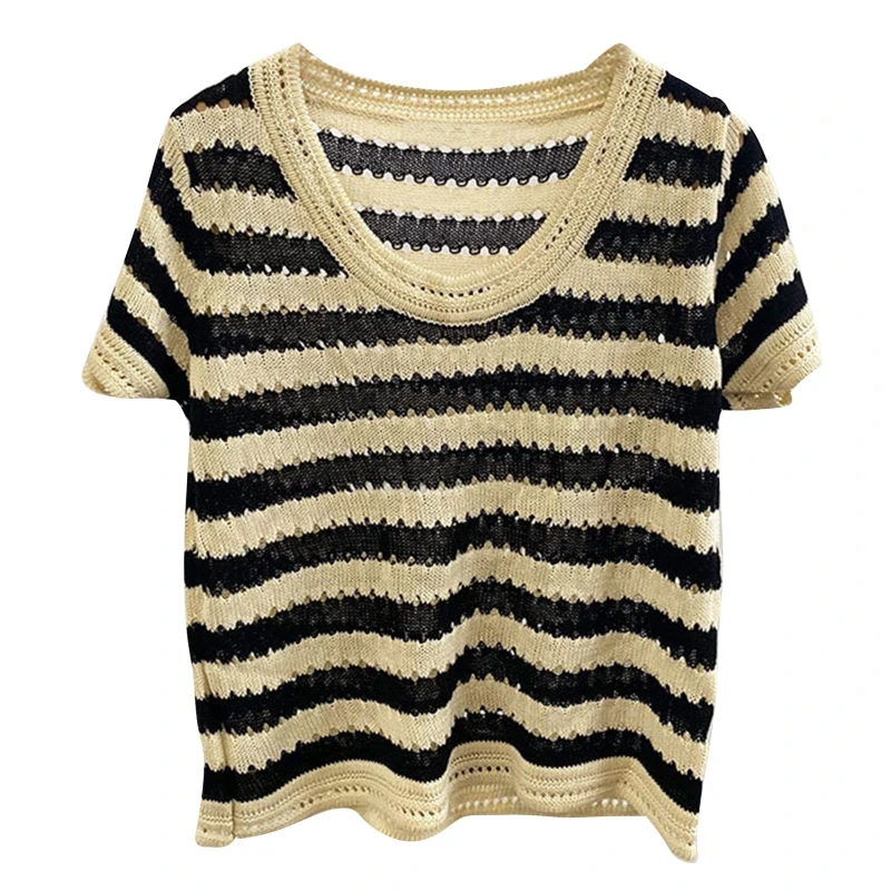 

Women's Oreo-Striped Knitted Vest Female Black And White Tank Top Hollow T-shirt P8DB