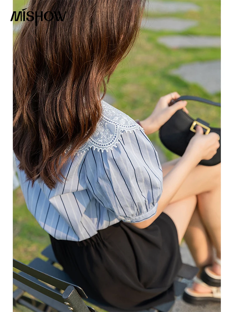 Блузка женская летняя в полоску с коротким рукавом и воротником Питер Пэн