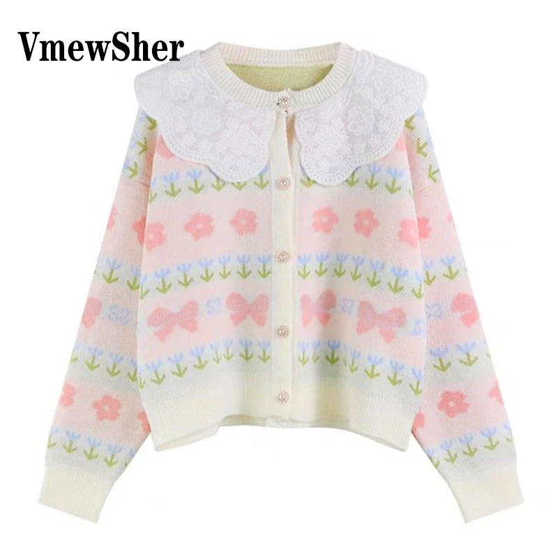 

VmewSher Pretty Spring Peter Pan Collar Sweater Flower Women Sweet Knitted Cardigan Long Sleeve Fashion Cute Girls Knitwear 2023