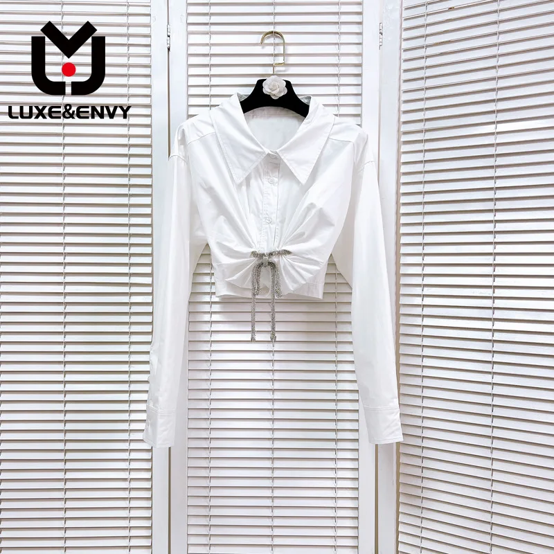 

LUXE&ENVY Bow Short Open Button Sexy Long Sleeve Top Shirt Women 2023 Summer New Wang