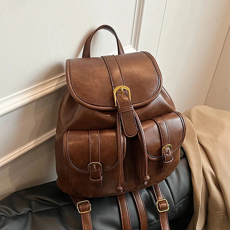 Женские рюкзаки из искусственной кожи с маленькими двойными карманами в стиле