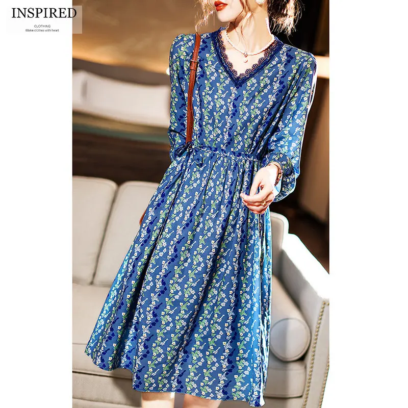 

Casual Elegant Floral V-Neck Dresses for Women 2022 Fall New Fashion Loose Slim Long Sleeve Ladies Office A-Line Dress