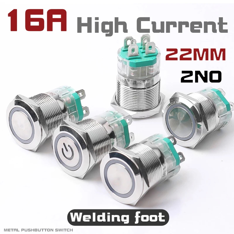 

16A High Current 22mm Welding Foot Metal Button Switch Self-Lock Self-Reset 2NO Flat Head Start Stop Power Switch