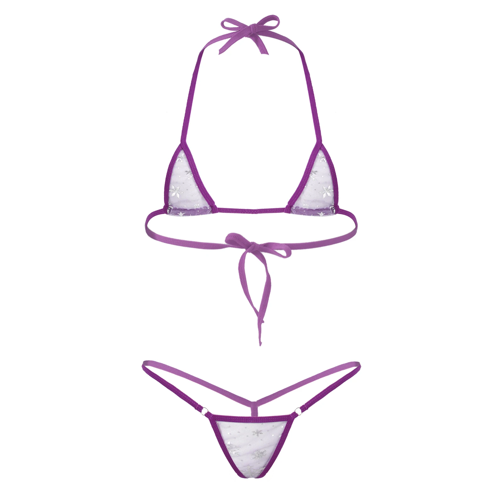 

Women Sexy Lingerie See-through Mesh Exotic Sets Two-piece Bikini Swim Suit Swimwear Halter Lace-up Bra with Low Waist G-strings