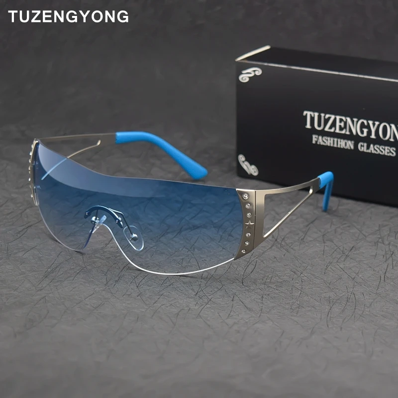 

Женские солнцезащитные очки TUZENGYONG, роскошные брендовые дизайнерские цельнокроеные Модные металлические солнцезащитные очки без оправы, модные очки, панка UV400