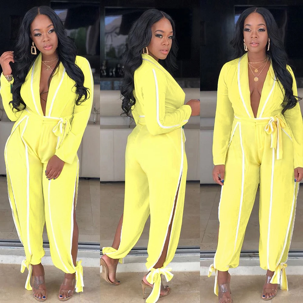 

Женский комбинезон с V-образным вырезом, однотонный бандажный комбинезон с полосками сбоку и длинными рукавами, 2021