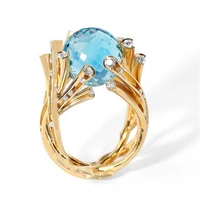 new blue crystal ball golden branches gold rings for women wedding anniversary bride ring party banquet holiday charm jewelry