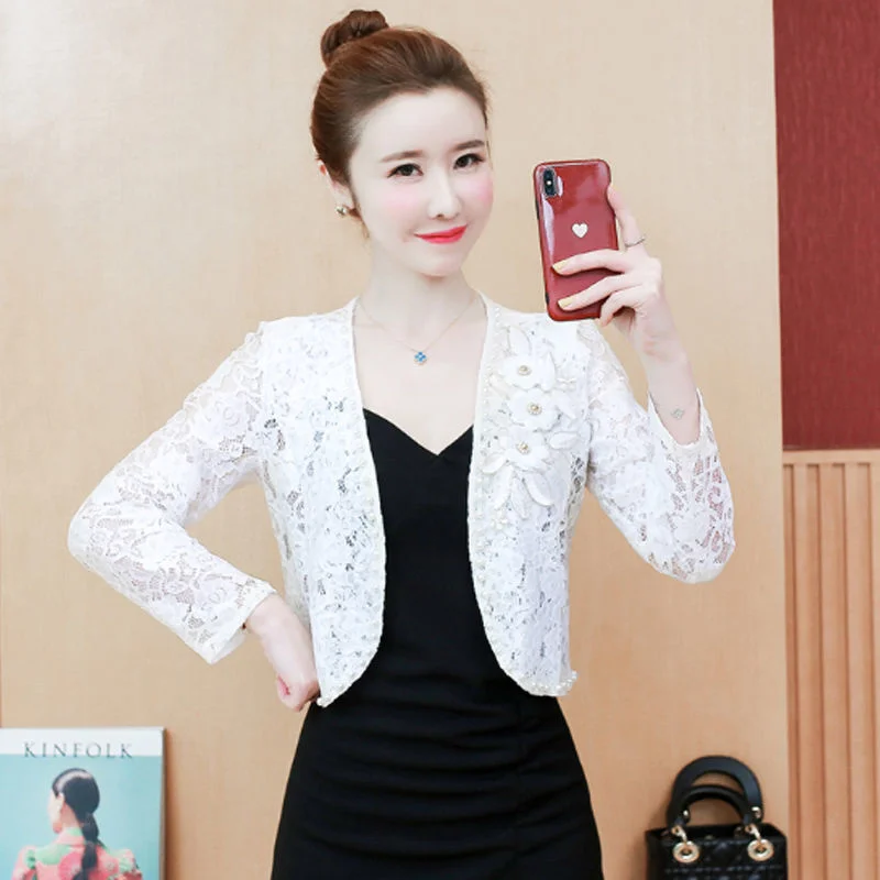 #5322 черные и белые кружевные женские пальто куртки тонкая верхняя одежда