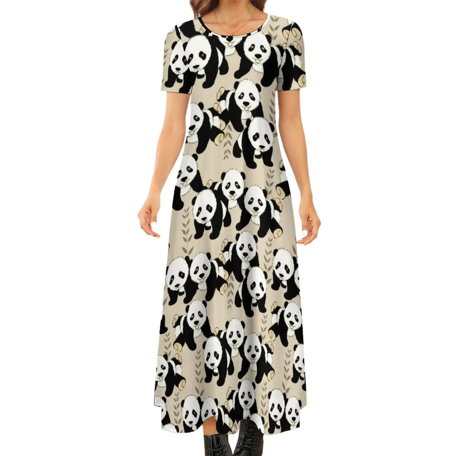 

Panda Bears Print Dress Cute Animal Vintage Maxi Dress Short Sleeve Aesthetic Bohemia Long Dresses Women Trendy Oversize Vestido