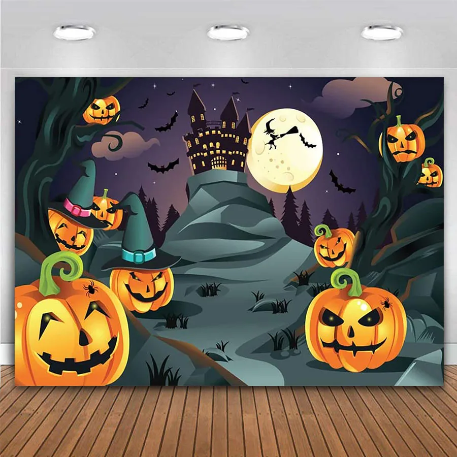 

Halloween Themed Happy Birthday Photography Backdrop Castle Pumpkin Bats Under Moonlight Banner Background Photo Studio Props