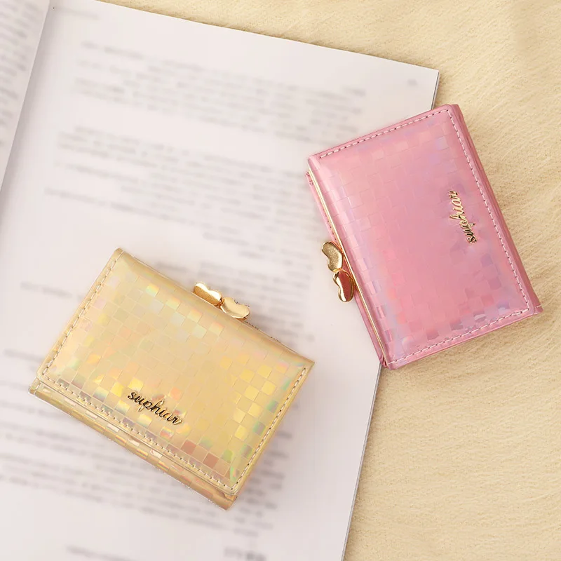 Wallets For Women Short Colorful Laser Purse Multifunctional Folding Coin Purse PU Leather Pink Purse Card Holders Cartera Mujer