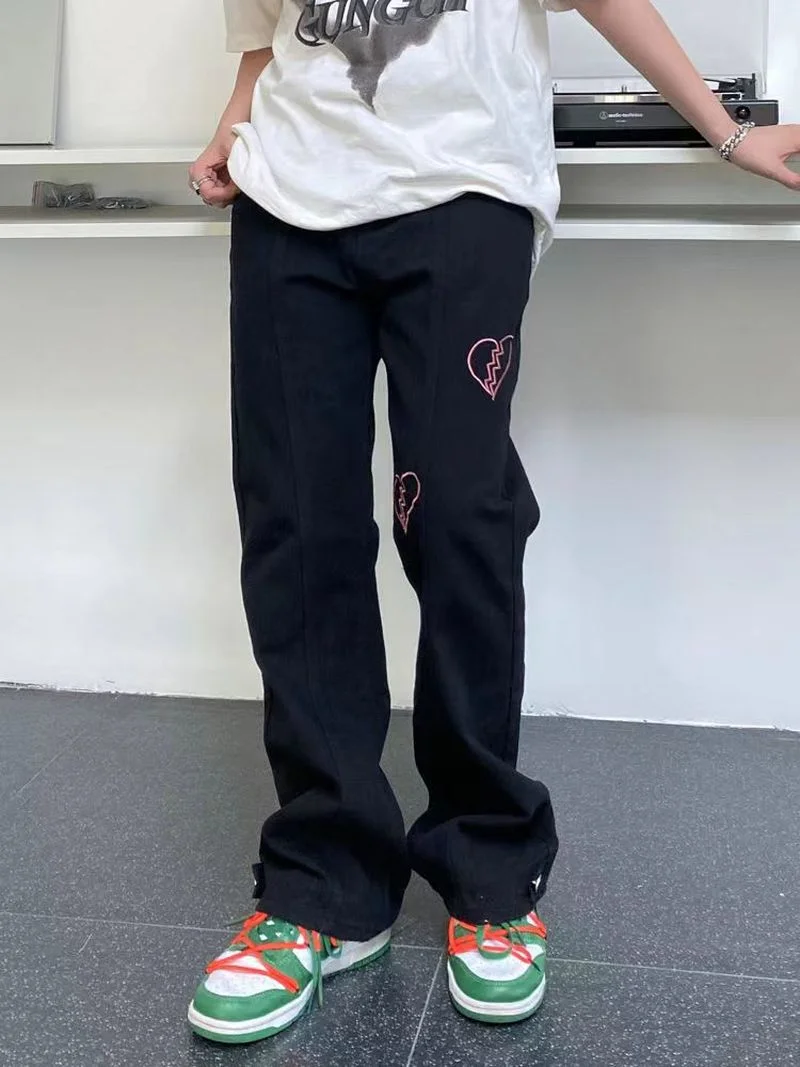 Y2k Heartbreak Graphic Jeans Wide Leg Pants Street Wear Highstreet Design BF Baggy Jeans Distressed Jeans Straight Leg Jeans