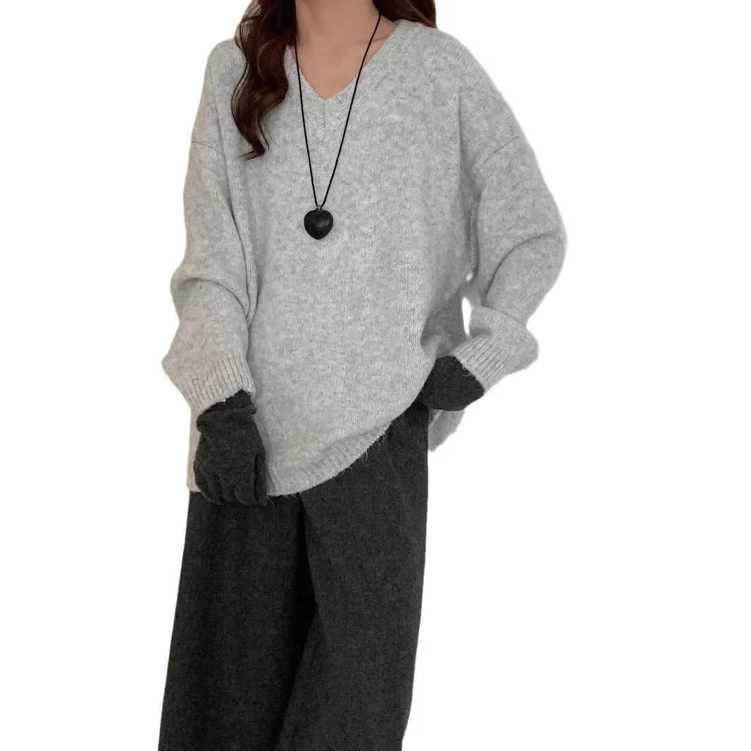 2024 женский зимний свитер с длинными рукавами и v-образным вырезом нежный