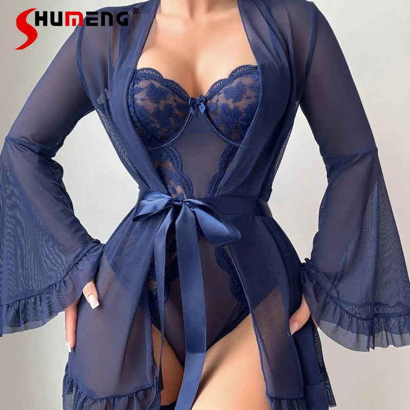 Фото Женские сексуальные прозрачные комплекты платьев Pure Desire в корейском стиле, однотонное цельное нижнее белье, костюм, женское нижнее белье, халат, наряды №3