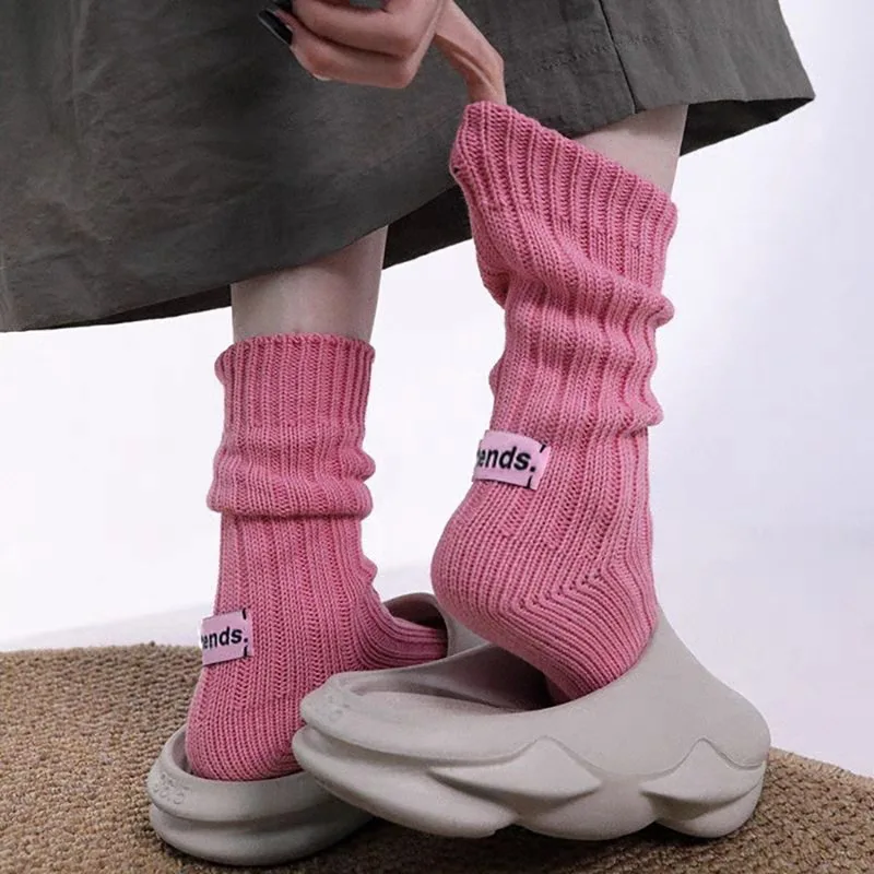 

Носки женские/мужские хлопковые в Корейском стиле, толстые вязаные носки-трубы средней длины, с простым японским розовым ярлыком, спортивные Многослойные носки для пар