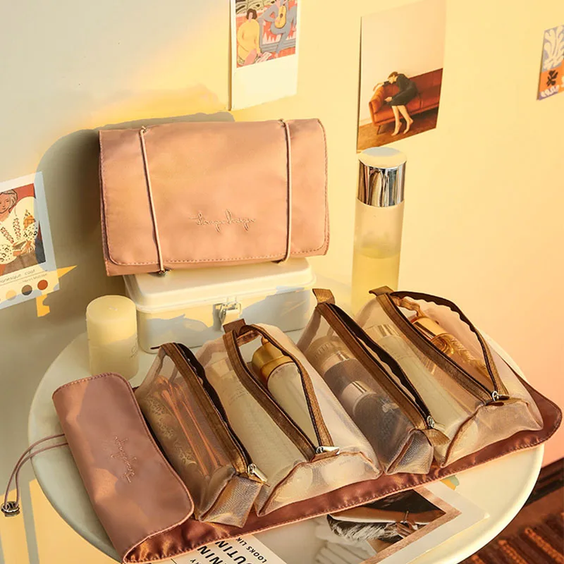 

2022 New Women Cosmetic Bag Foldable Nylon Bag Rope Makeup Bag 4PCS In 1 Zipper Mesh Separable Cosmetics Pouch Ladies