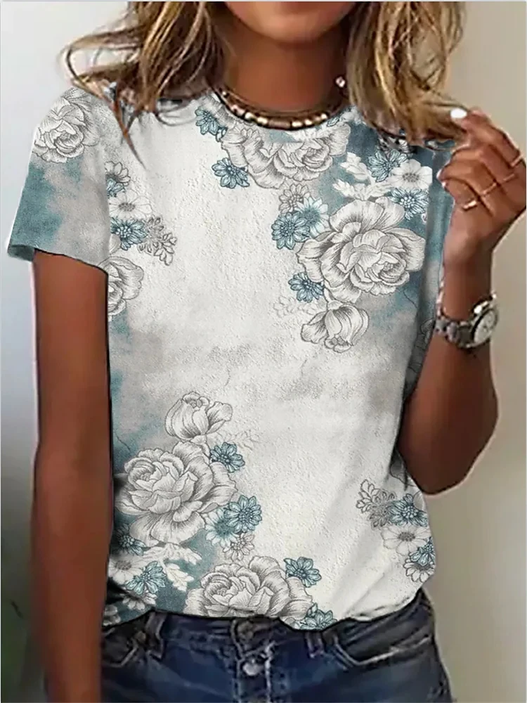 

Новинка 2022, футболка с цветочным принтом в стиле пэчворк, летний базовый женский топ с круглым вырезом и коротким рукавом, женская футболка ...