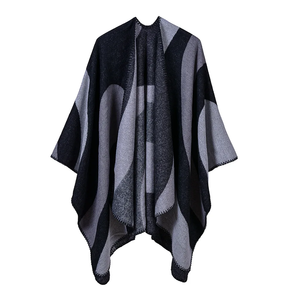 Women's New Geometric Color Matching Simple Leisure Office Beach Shawl Europe America Cape Ponchos Lady Coat Gray