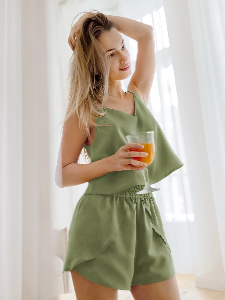 

Hiloc Irregular Back Women's Pajamas Spaghetti Strap Slit Shorts Sets Chic Lingerie Sets For Women Two-Piece Nightie Summer 2022