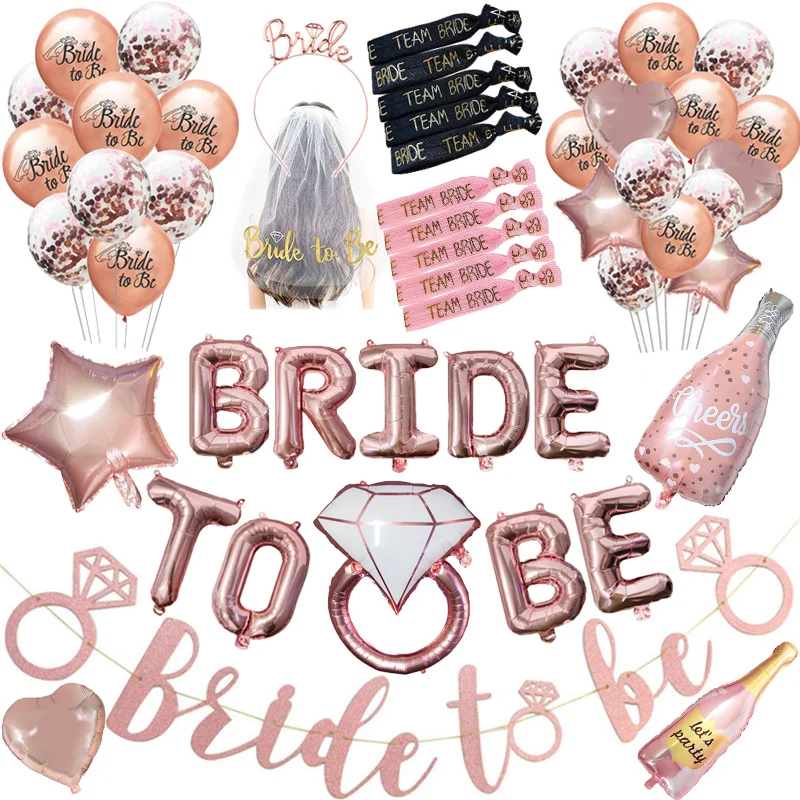

Team Bride To Be Rose Gold Banner Balloons Wedding Decoration Veil Headband Bridesmaid Sash Bracelet Bachelorette Party Supplies