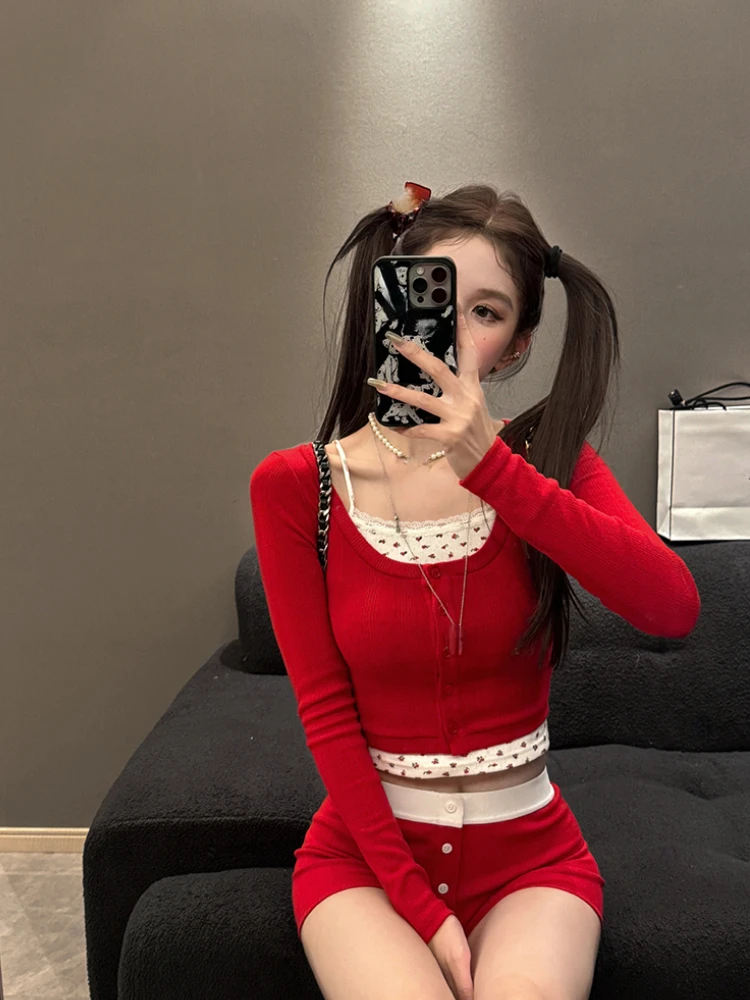 Женский трикотажный кардиган повседневный короткий жилет и облегающие шорты