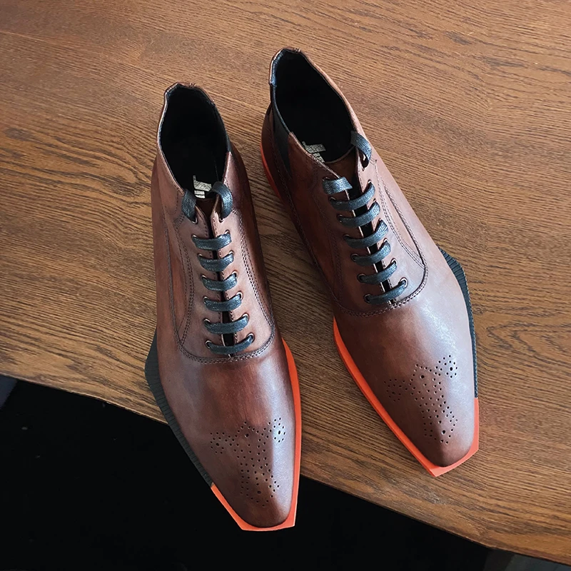

New Men's Boots Profiled Soles, Rubbed Cowhide Short, Square Toe, Lace-up High-top Brown Leather Boots
