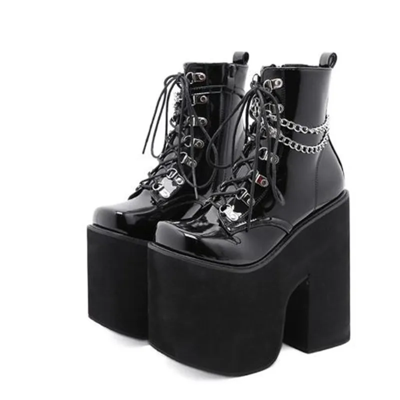 

Height 17cm Nightclub Stage Ankle Booties Women Extreme Thick Platform Heel Gothic Punk Shoes Girls Sexy Chain Party Boot