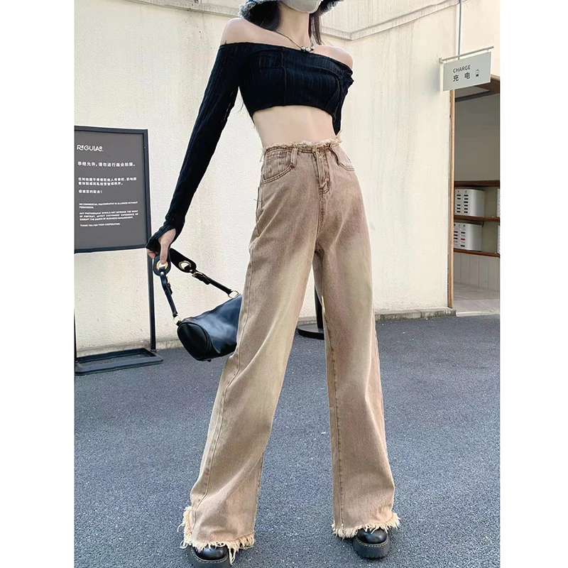 American Retro Khaki Jeans Women Fashion Design Straight Wide Leg Pant New High Waist Baggy Y2K Baggy Pants Girls