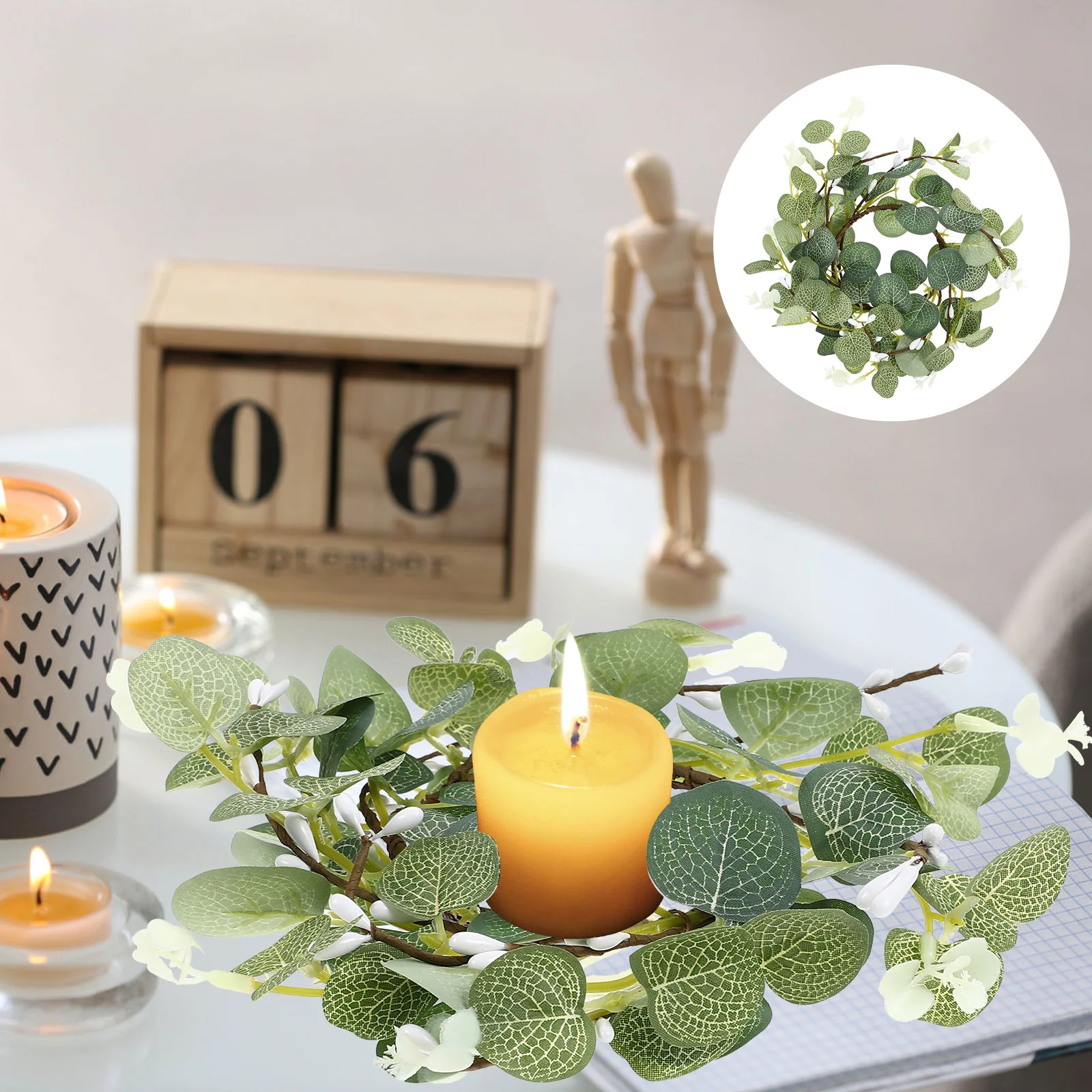 

2Pcs Eucalyptus Rings Artificial Leaves Wreath Rings Nordic Style Pillar Holder DIY Garland for Birthday Summer Wedding Party