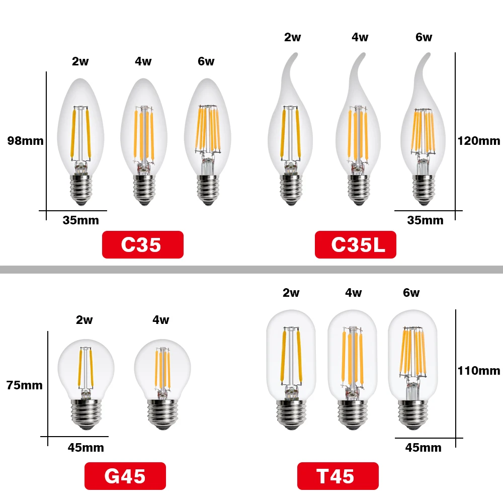 10Pcs/Lot E27 E14 Retro LED Edison Bulb AC220V Filament Lamp For Home G45 A60 ST64 G80 Vintage Glass Candle Light |