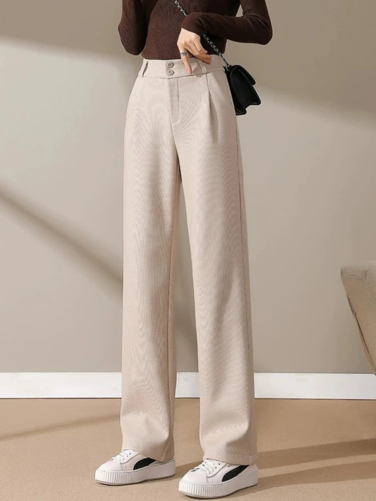 

Брюки женские шерстяные с широкими штанинами, винтажные повседневные Прямые Штаны с высокой талией, модные в Корейском стиле, весна-осень-зима