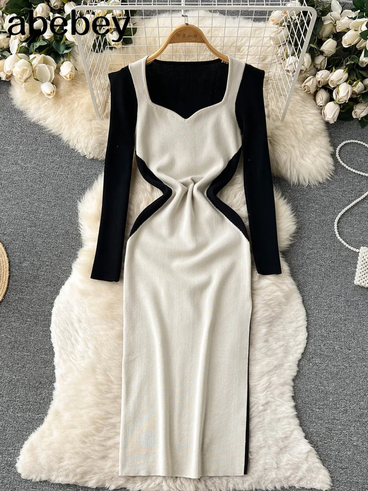 

Женское трикотажное платье-свитер с длинным рукавом и квадратным вырезом