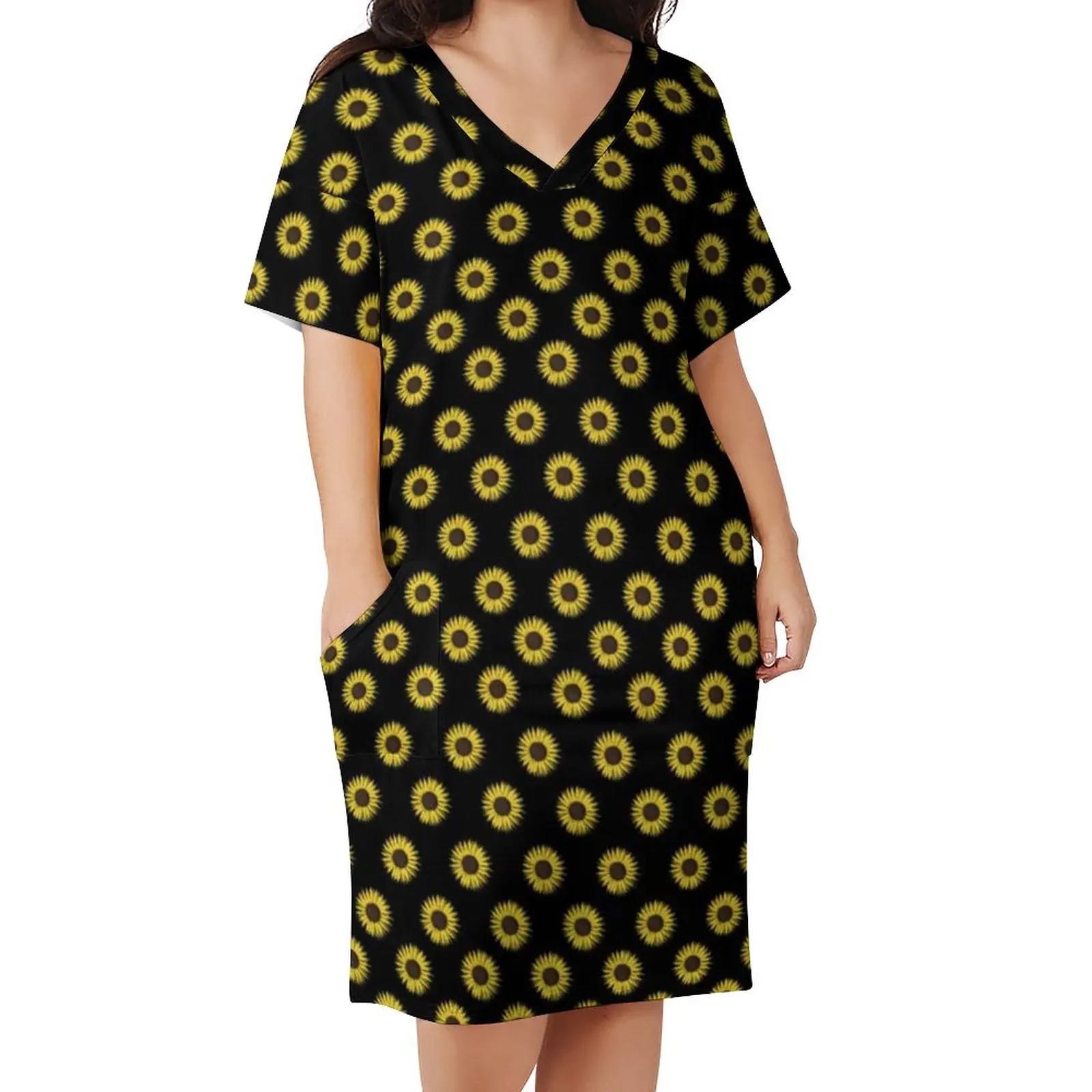 

Sunflower Print Dress Plus Size Hippie Yellow Flower Streetwear Casual Dress Women Summer V Neck Kawaii Dresses Birthday Gift