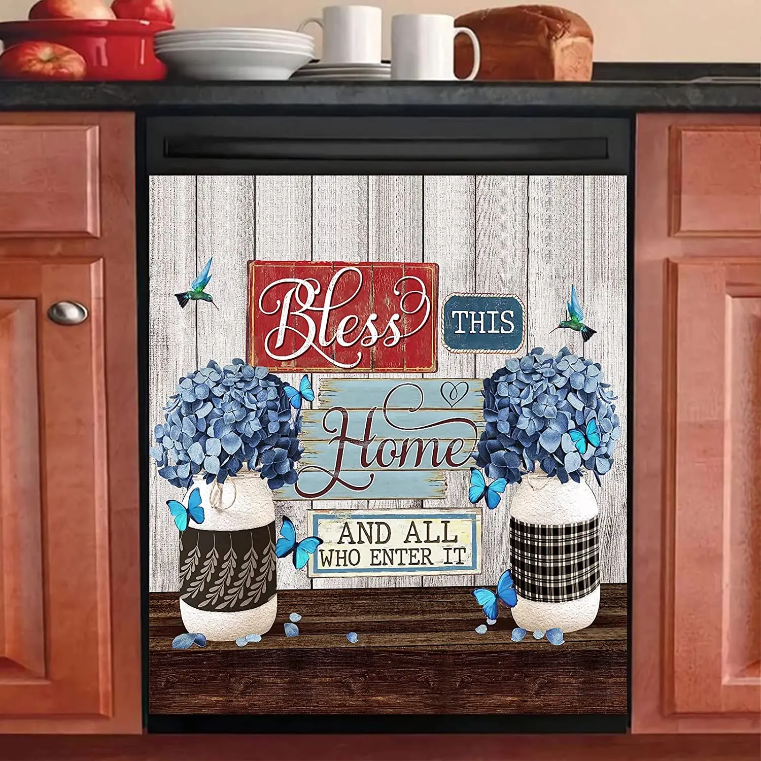 

Butterfly Flower Sticker Dishwasher Decor Cover,Bless Home Fridge ,Farmhouse Vintage Wood Pattern Refrigerator Decal,Humm
