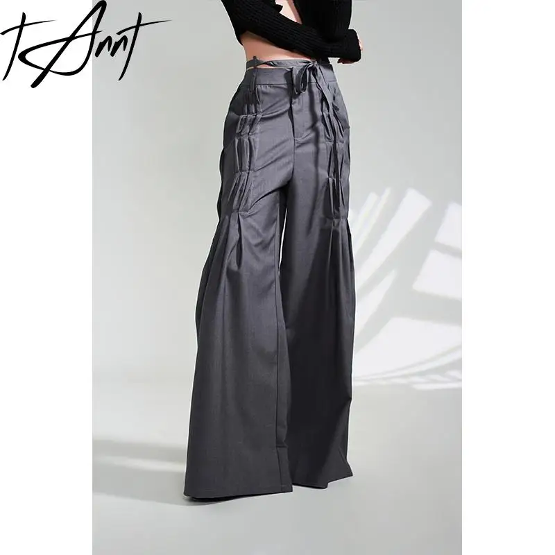 

Tannt Women Pant Asymmetry Bandages Blazer Flare Pants Gray Vintage Fashion High Waist Long Trousers For Women 2023 New