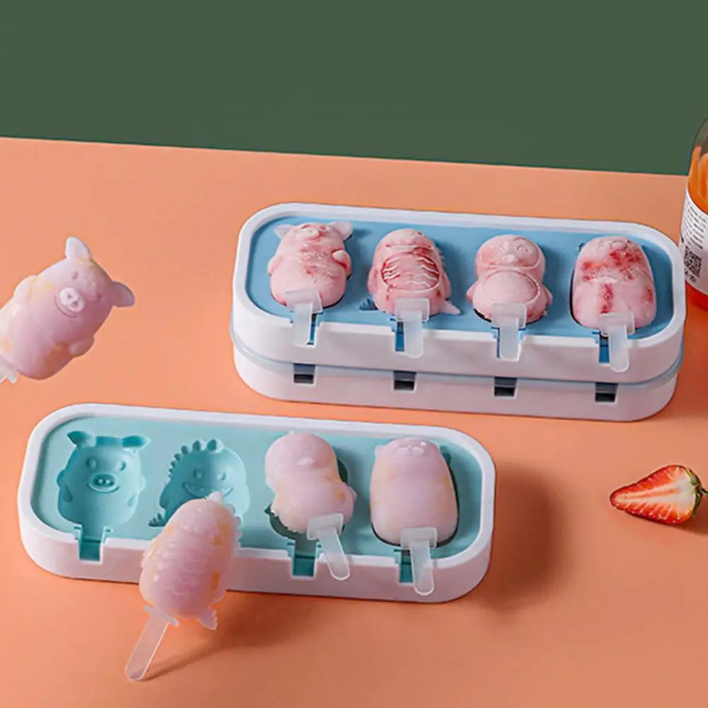 

Ice Cream Tray Reusable with Lid 4 Cavities Cute Cartoon Popsicle Maker Mold Ice Cream Mold for Summer