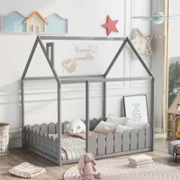 Home Modern Wooden Bedroom Furniture Beds Frames Bases Full Size Wood Bed House Bed Frame Fence Kids Teens Girls Boys Gray