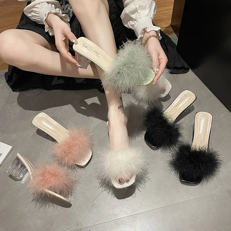 

Fashion Fur Fluffy Feather Shoes For Women Fashion Office Lady Open Toe Square Head High Heels Wear Outdoor House Sandals Summer