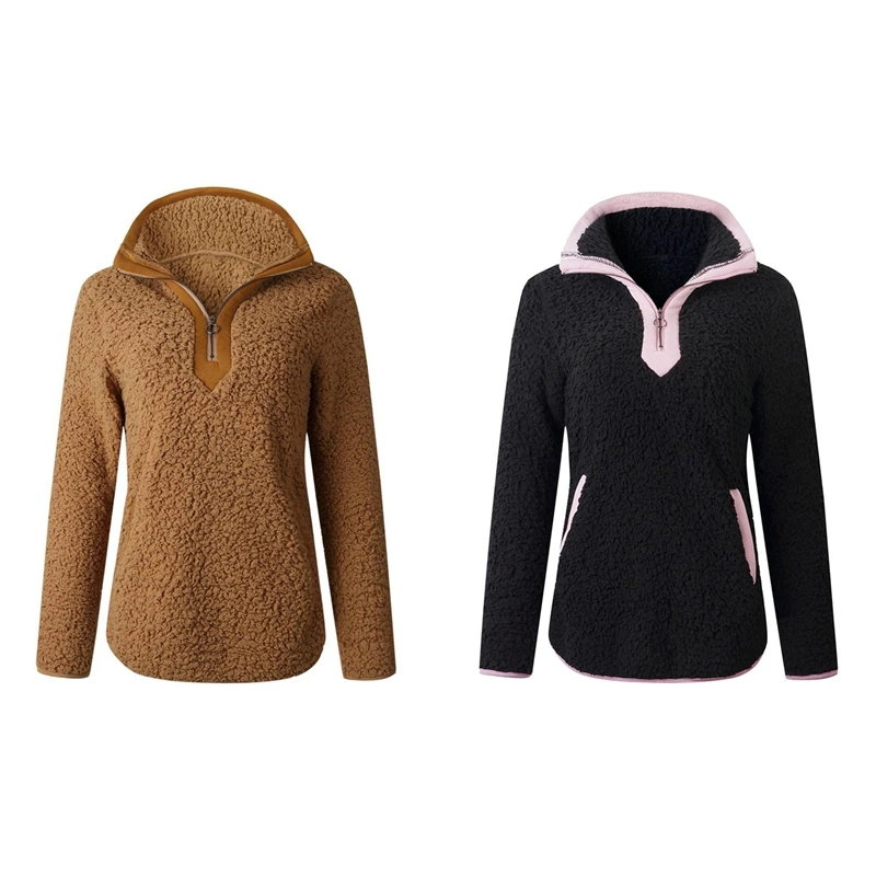 

Hot Kf-2X Women Sherpa Sweater Teddy Fleece Pullover Half Zipper Sherpa Fleece Tops Female Warm Coat Sweaters M Black & Camel