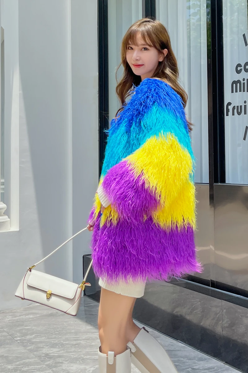 Fashion 2023 New Color Women's Imitation Fur Stitching Contrast Color Jacket Fashion Mid-Length Artificial Lamb Wool Coat Women