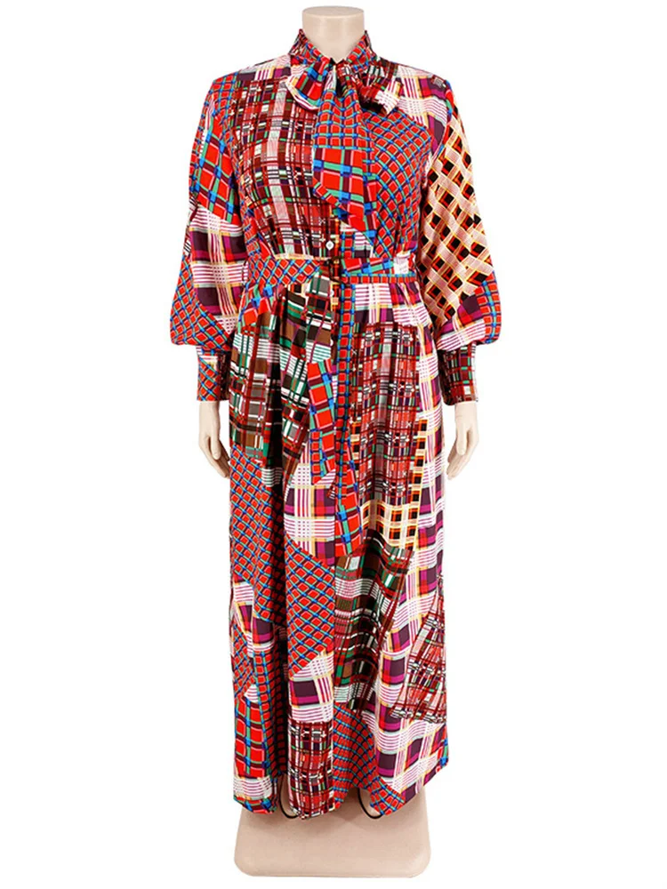Plus Size Women Clothing Fall Dresses with Belt Loose Vintage Long Sleeve Print Big Hem Long Dress Who 3xl 4xl 5xl 6xl
