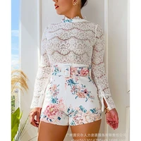 womens 2 piece suit summer sexy lace mesh see through hollow out top high waist straight shorts suit slim fit print suit