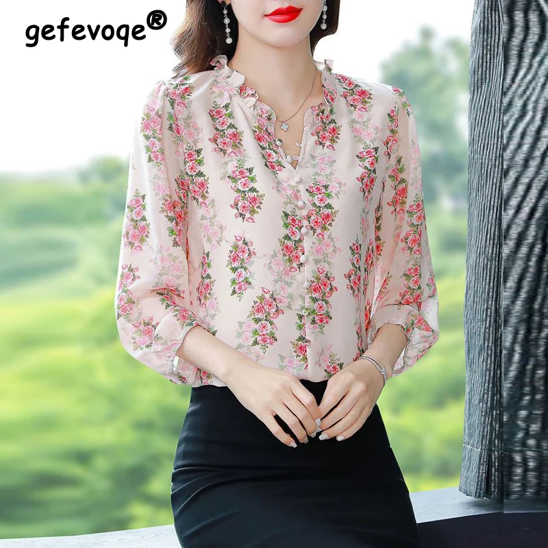 

Spring Summer Korean Fashion Vintage Floral Printed Elegant Sweet Blouse Shirt Women Casual Ruffle Long Sleeve Loose Ladies Tops