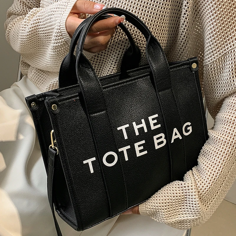 Women's Black Tote Shoulder Bag Pu Leather Ladies Commuter Briefcase Crossbody Bags Chic Letter Print Top Handle Female Handbag