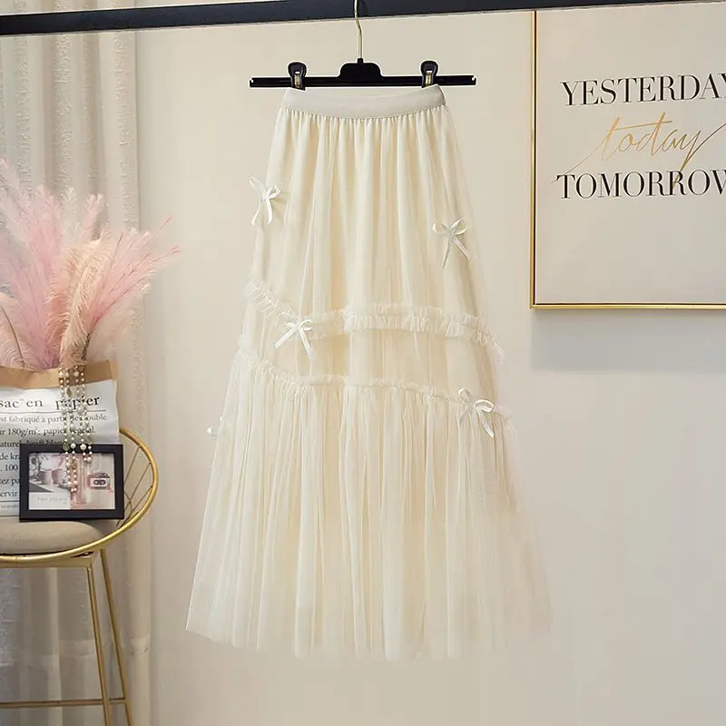 

Super Fairy Bowknot Mesh Halfskirt Women Spring/Summer New High Waist A-Line Skirt Medium Length Pleated Skirt Yarn Skirt Female