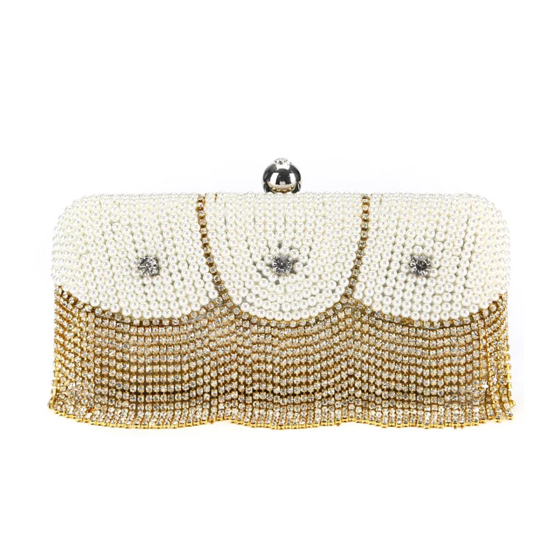 

White Pearl Golden Crystal Handbags One single Chain shoulder bags Party Day Clucthes